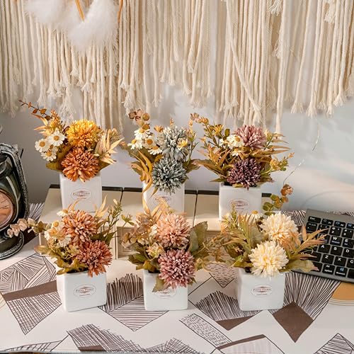 6PCS Artificial Fall Flowers with Ceramic Vases – Chrysanthemums & Daisies - color: Fall Multicolor