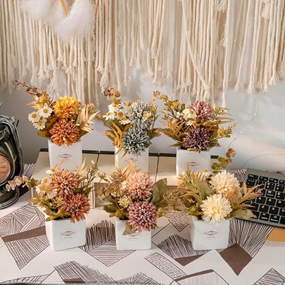 6PCS Artificial Fall Flowers with Ceramic Vases – Chrysanthemums & Daisies - color: Fall Multicolor