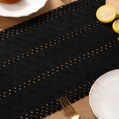 Boho Macrame Table Runner Black Burlap Small Dresser Runner - color: Black, size: 12" × 72"