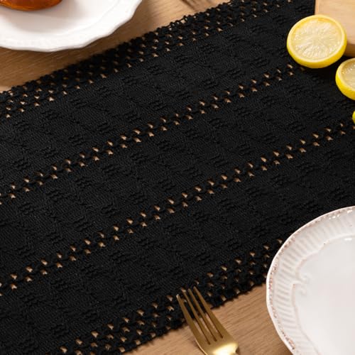 Boho Macrame Table Runner Black Burlap Small Dresser Runner - color: Black, size: 12" × 60"