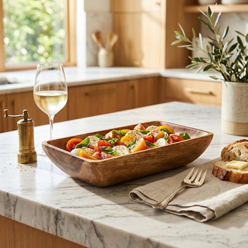 Handcrafted Acacia Wood Rectangular Bowl – Made in Hawaii – Eco-Friendly Wooden Serving Dish – Durable, Food-Safe, Heat-Resistant – Flared Design – Multiple Sizes (12x7.5x3 inch) - size: 12x7.5x3 inch