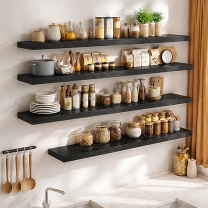 24 Inch Long Floating Shelves for Wall Set of 2, 12"D Wood Grain Shelves - color: Black, size: 24"Wx12"Dx2"H, 2P