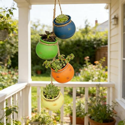 Cabilock 4 Pcs Ceramic Hanging Succulent Pots Mini Terracotta Hanging Planters with Rope Holder for Air Plants, Succulents, Indoor Wall Decor, Balcony, Yard and Garden