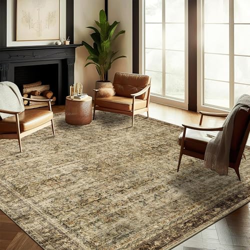 CHAMPLANT Area Rug 6x9 Washable Rug Dark Brown Vintage Traditional Distressed Thin Retro Kitchen Indoor Floor Cover Non Slip Carpet Floral Print Mat Living Room Bedroom Dining Room - color: Green and Brown, size: 6' x 9' (Rectangular)