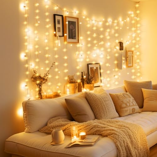Minetom Curtain Lights, 300 LED Dimmable Twinkle Fairy Lights, 8 Modes - color: Warm White, size: 2 Pack