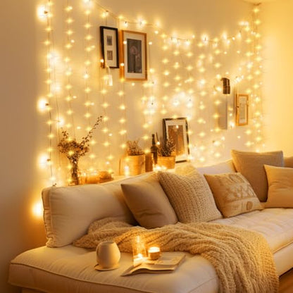 Minetom Curtain Lights, 300 LED Dimmable Twinkle Fairy Lights, 8 Modes - color: Warm White, size: 2 Pack