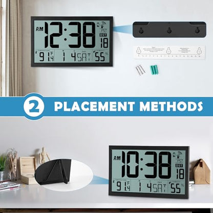 SZELAM Atomic Clock,16.7" Large Display Digital Wall Clock Battery Operated,Digital Calendar Auto Setting Desk Clocks with Indoor Temperature, Humidity,Date,Day,Auto DST for Elderly Bedroom Classroom - color: 16.7" Atomic