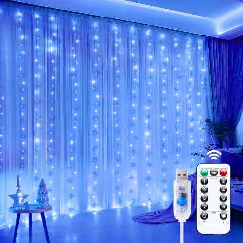 Minetom Curtain Lights, 300 LED Dimmable Twinkle Fairy Lights, 8 Modes - color: Blue & White, size: 1 Pack