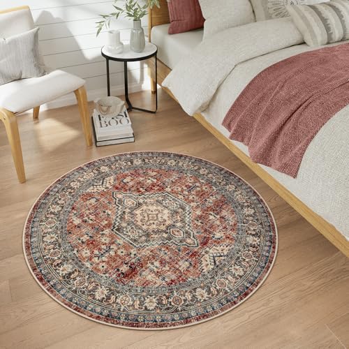 Lahome Oriental Washable Circle Rugs, Non-Slip Round Rug 4ft Ultra-Thin - color: Brick Red, size: 4'(Round)
