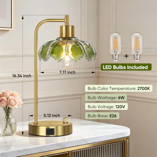 Glass Table Lamps Set of 2, Green Dimmable Bedside Lamps for Living Room - color: Gold&Green-2