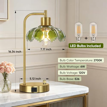 Glass Table Lamps Set of 2, Green Dimmable Bedside Lamps for Living Room - color: Gold&Green-2