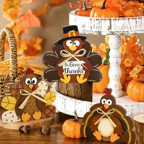 3 Pcs Thanksgiving Decorations for Home Wooden Turkey Table Centerpiece Rustic Wood Signs Block Harvest Tabletop Fall Decor Indoor Tiered Tray Office Desk Shelf Mantel Kitchen Autumn Party Supplies
