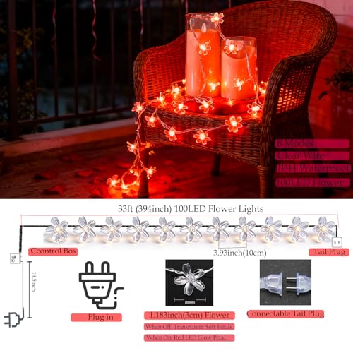 100 LED 33ft Red Cherry Blossom Flower Lights Valentine'S Day Wedding Decor - color: Red