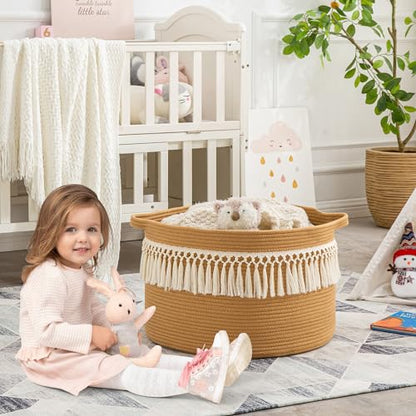 KAKAMAY Large Blanket Basket with Handles, Storage Basket for Living Room - color: Brown Fringe