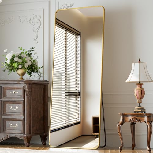 XRAMFY 65"x24" Floor Full Length Mirror Standing Full Body Rounded Corner Rectangle Mirrors with Stand Hanging Wall Mounted Leaning Bedroom Living Room Bedroom Cloakroom,Gold - color: Gold, size: 65"L x 24"W