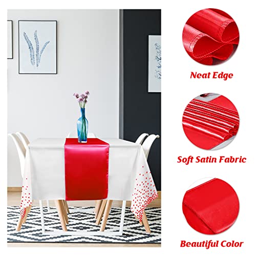 8Pack Disposable Plastic Tablecloths and Satin Table Runner Set White and Red Dot Tablecloth Red Satin Table Runner for Wedding Birthday Baby Shower Anniversary Christmas New Year Party Supplies - color: White and Red, size: 8 Pack