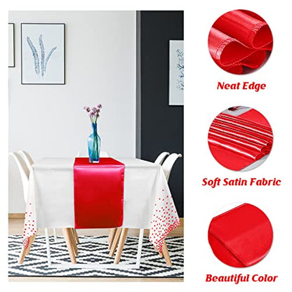 8Pack Disposable Plastic Tablecloths and Satin Table Runner Set White and Red Dot Tablecloth Red Satin Table Runner for Wedding Birthday Baby Shower Anniversary Christmas New Year Party Supplies - color: White and Red, size: 8 Pack