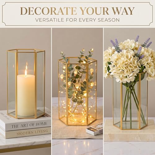 Gold Glass Hurricane Candle Holder Set of 3 Large Clear Hexagon Lanterns