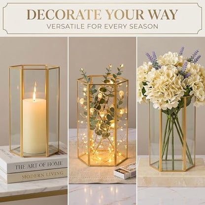Gold Glass Hurricane Candle Holder Set of 3 Large Clear Hexagon Lanterns