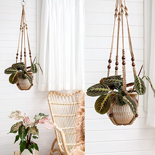 Mkono Macrame Plant Hangers Indoor Set of 4 Hanging Planter Basket Brown - color: Brown
