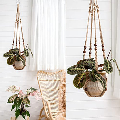 Mkono Macrame Plant Hangers Indoor Set of 4 Hanging Planter Basket Brown - color: Brown