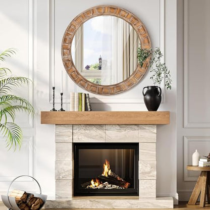 30 Inch Brown Solid Wood Round Wall Mirrors - color: B - Circle - 30x30 in