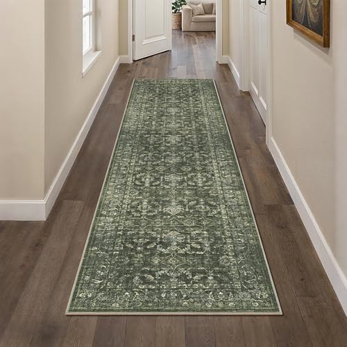 2x8 Washable Kitchen Runner Rug Non-Slip Boho Dark Green Throw Carpet - color: Dark Green, size: 2' x 8' (Runner)