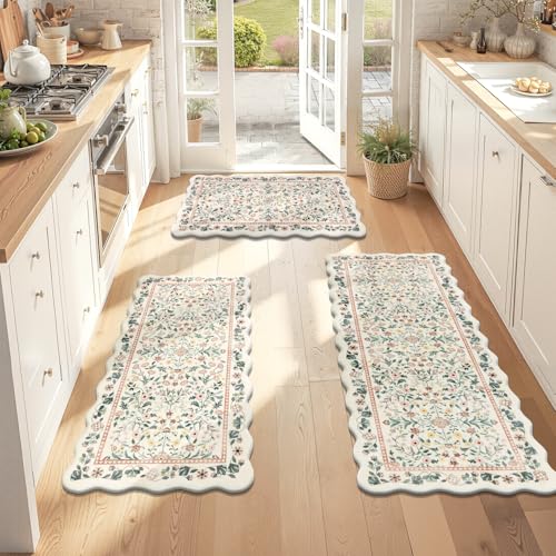 Yamaziot Boho Anti Fatigue Kitchen Rug Set of 3 Scalloped Beige & Pink - color: Beige & Pink, size: 17.3"x29"+17.3"x35"+17.3"x47"