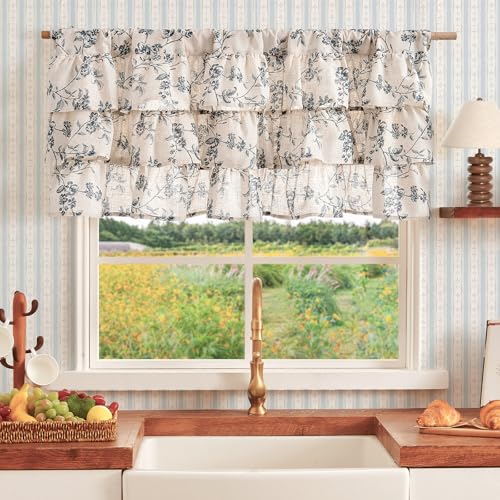 jinchan Alisa Ruffled Floral Valance Curtain 18 Inch 1 Panel Blue on Linen - color: Alisa Blue on Linen