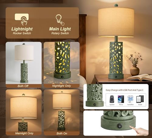 OYEARS 22'' Table Lamp Set of 2 for Living Room, Farmhouse Lamp for Bedroom, Vintage Bedside Lamps with Retro Design and USB Ports, Linen Shade for Home Office (Bulb Included, Green) - color: Vintage Green