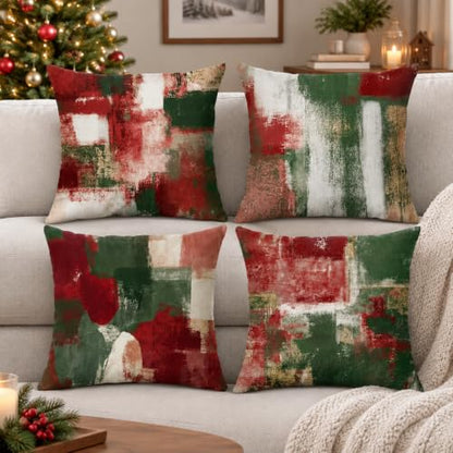 Abstract Christmas Throw Pillow Covers 18x18 Set of 4, Red & Green - color: Red Green White, size: 18" x 18" (Pack of 4)