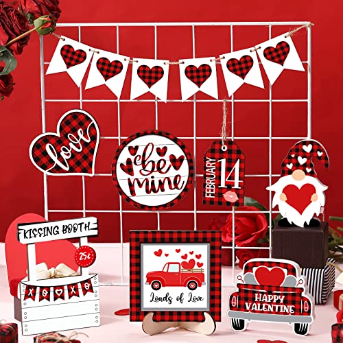 12 Pieces Valentine's Day Tiered Tray Decor Buffalo Plaid Table Wooden Sign Decorations Gnome Tabletop Heart Signs Be Mine Love Decor for Valentine's Day Party Home Kitchen Holiday(Plaid Heart) - style: Plaid Heart