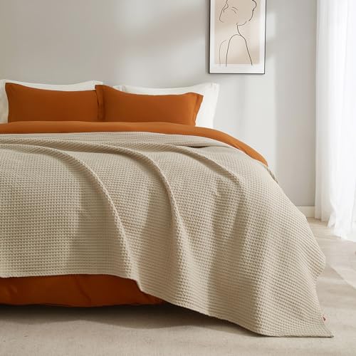 PHF 100% Cotton Waffle Blanket Lightweight Breathable, Queen, Simply Taupe - color: Khaki/Simply Taupe, size: Queen(90" x 90")