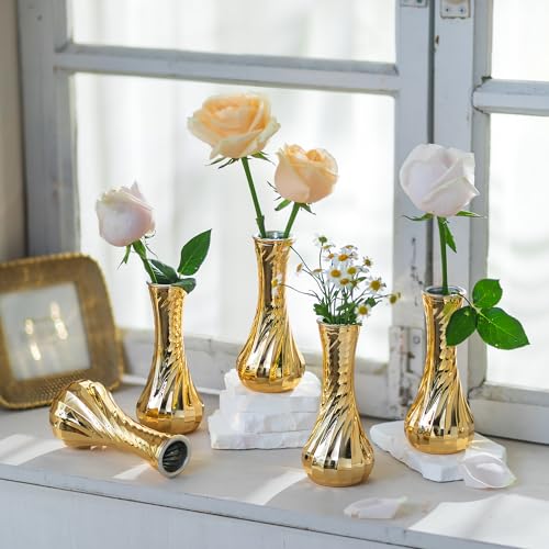 NUPTIO Gold Glass Bud Vase, Vintage Ribbed, 6.1", 6 Pcs - size: Style 2