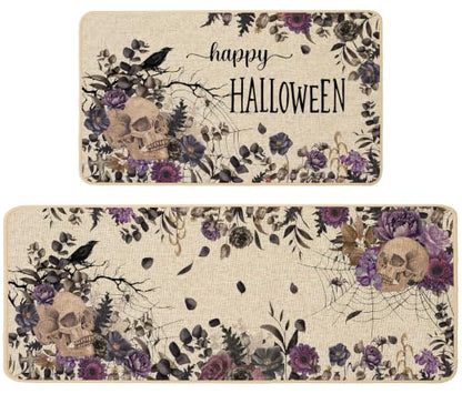 Baccessor Halloween Skull Kitchen Rugs Set of 2, 17x29 and 17x47 Inch - color: Purple Floral