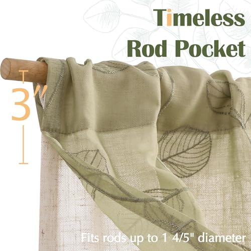 jinchan Linen Valance Curtain Green Sheer Leaf Embroidered 18 Inch 1 Panel - color: Leaf Sage Green