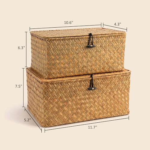 Nonam Wicker Storage Basket with Lid,Seagrass Shelf Basket Set of 2,Natural - color: Natural-S+M