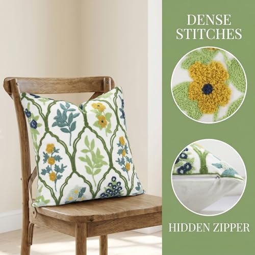 Blue Green Floral Embroidered Throw Pillow Covers 20x20 Set of 2 - color: Green Blue Yellow, size: 20" x 20" (Pack of 2)