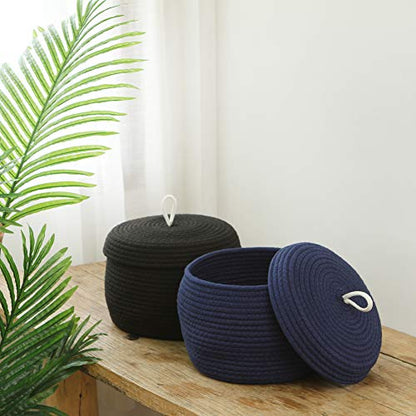 Sea Team Round Woven Cotton Rope Storage Basket with Lid, Navy - color: Dark Blue, size: Small