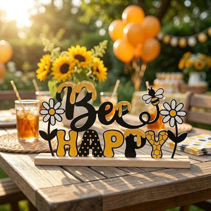 Bee Happy Table Decor Centerpiece, Bumble Bee Metal Table Sign - style: Bee Happy