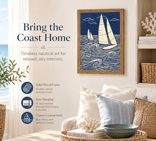DULASI Framed Sailboat Wall Art, Japanese Blue Ocean Canvas Prints, 8x10in - color: Blue Sailboat, size: 8x10in