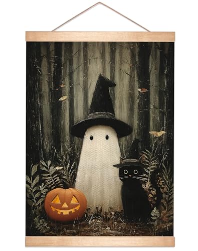 Rustic Halloween Ghost and Black Cat with Pumpkin Wall Art 18.5x14 Inch,Halloween Linen Canvas Wall Hanging Poster Decor, Retro Gothic Haunted House Theme Wall Poster for Living Room (BLK03) - color: BLK03