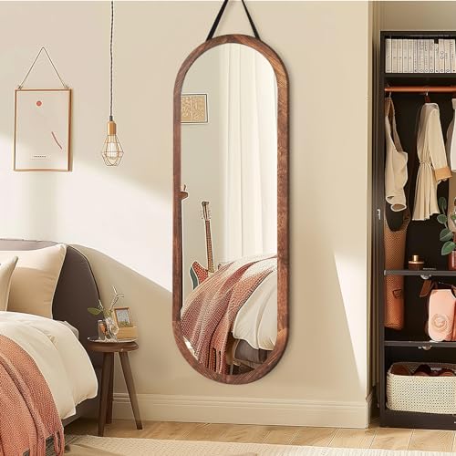 48x16in Oval Full Length Mirror Solid Wood Frame, Brown - color: Brown, size: 48"L x 16"W