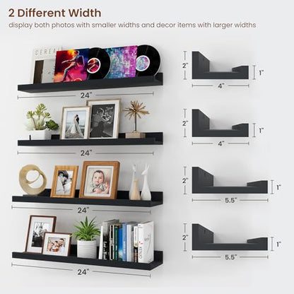 Axeman Picture Ledge Shelf, 24 Inch Black Floating Shelves Set of 4 - color: Black, size: 24 Inch