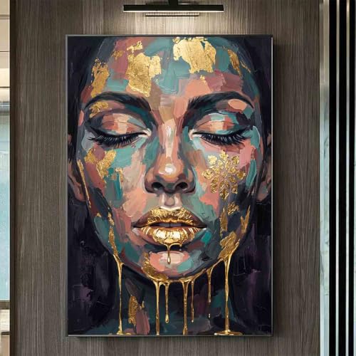 Abstract Face Wall Art Female Portrait Canvas Blue Gold 16x24inch No Frame - color: 4, size: 24"L x 16"W
