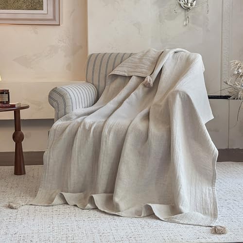 Simple&Opulence Linen Cotton Throw Blanket with Tassels, Double-Layer Flax Blend Blanket for Couch Sofa Bed, Soft Lightweight Breathable Boho Farmhouse Oversized Throw for All-Season (104"X90",Linen) - color: Linen, size: 104''x90''