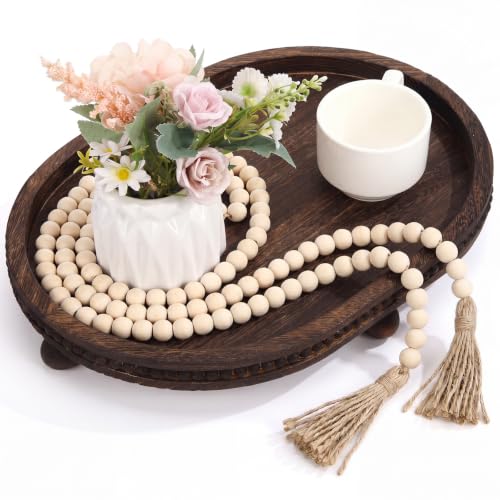 Mumufy 16" x 11.8" Oval Decorative Tray with 58" Bead Garland, Deep Brown - color: Deep Brown, size: 16" x 11.8" Oval