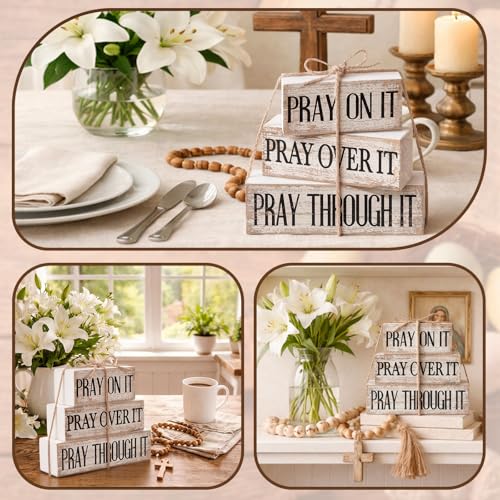 Yuntau 4 Pcs Christian Wooden Block Sign Pray Verse Tiered Tray Decor - style: Pray