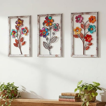 Newinhome 3 Pieces Metal Flowers Wall Art, 3D Boho Flower Wall Decor