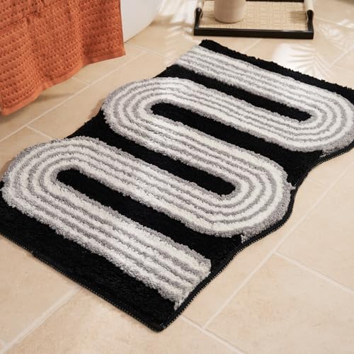 Wavy Boho Bathroom Rugs, Cute Retro Scalloped Bath Mat with Funky Geometric Design, Black Room Decor Cool, Machine Washable Soft Non-Slip Bath Rug, Black and White Bathroom Rugs, 30" x 20" - color: Black, size: 1'8" x 2'6" (Rectangular)